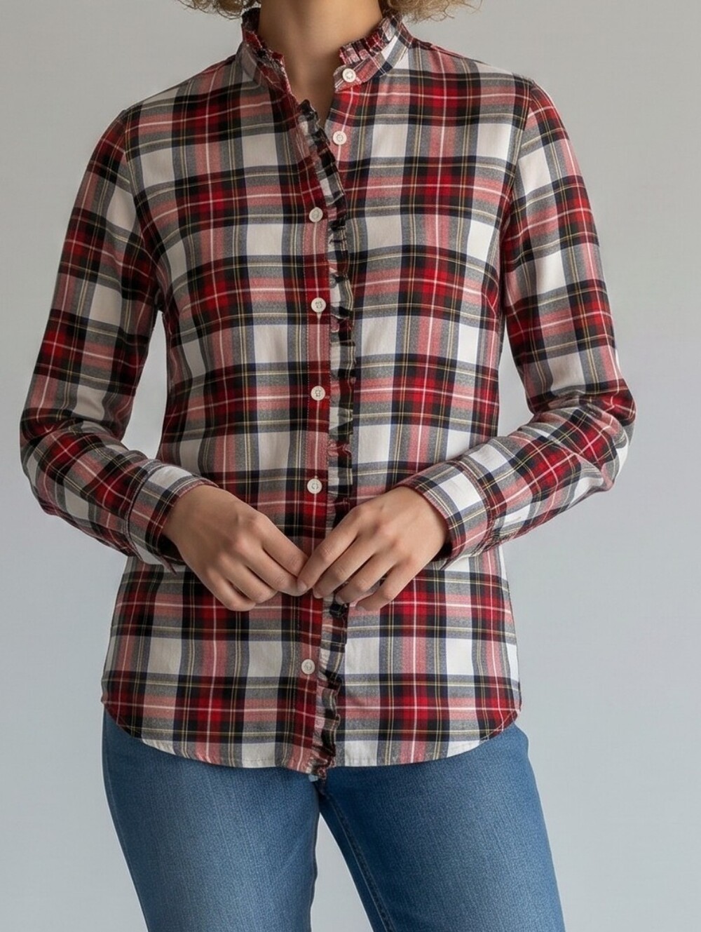 J. Crew Red Black and Cream Plaid Ruffle-Trim Button-Down Shirt XS
